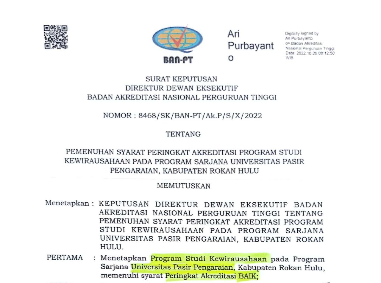 Prodi Kewirausahaan Terakreditasi BAIK.