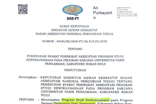 Prodi Kewirausahaan Terakreditasi BAIK.